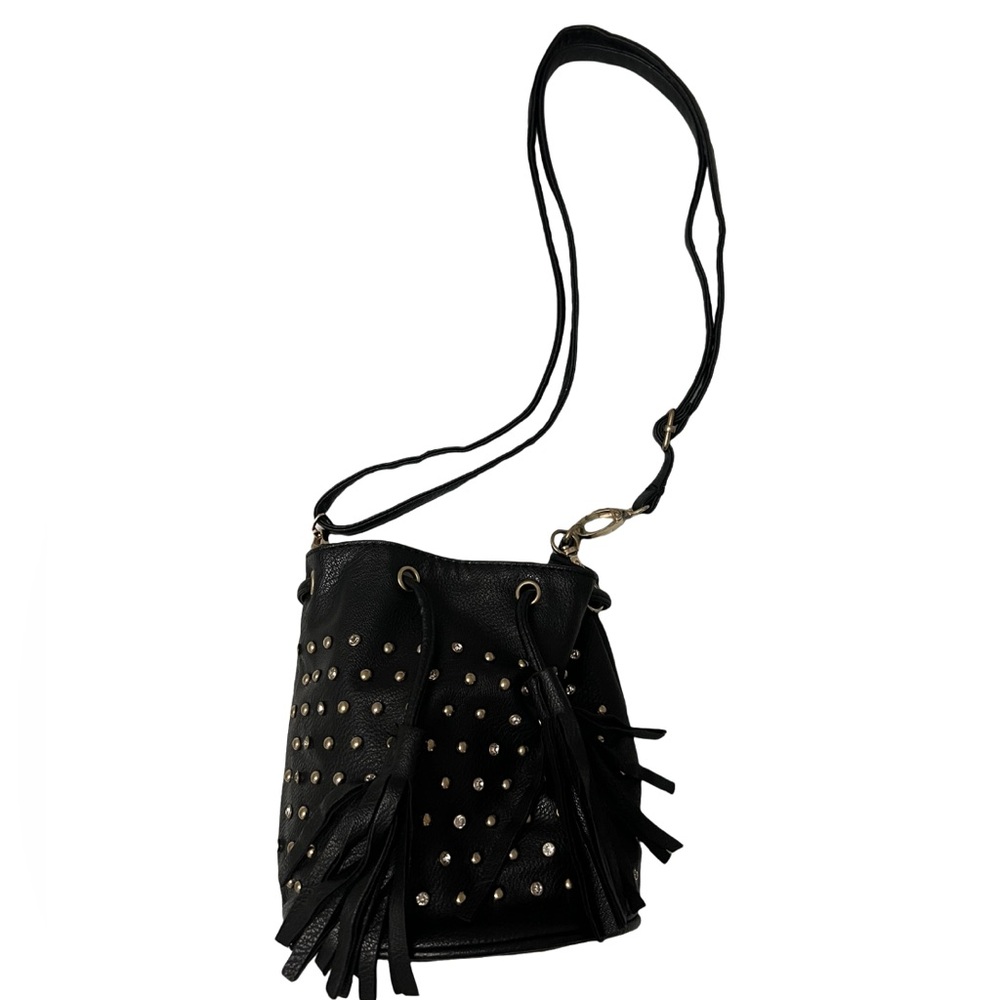 Black drawstring bucket bag with rhinestones